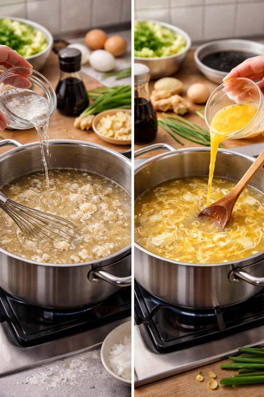 Left: lumpy cornstarch; Right: silky broth with egg ribbons illustrating common mistakes