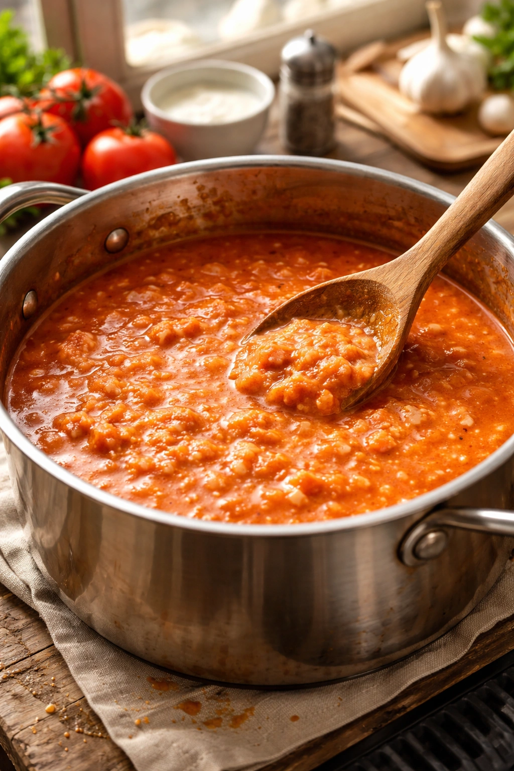 Close-up of lumpy tomato soup in a pot highlighting texture inconsistencies