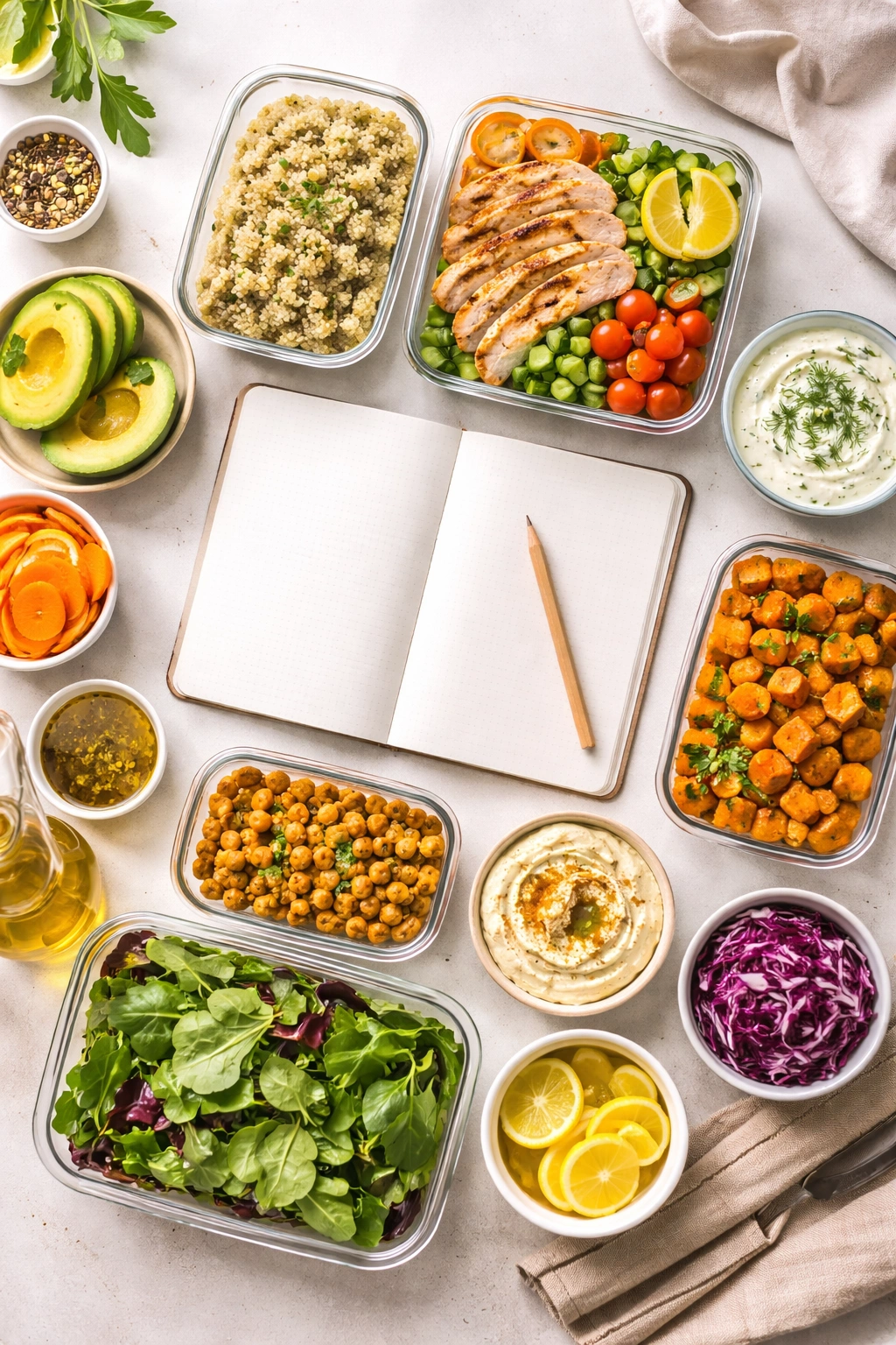Blank notebook on a clean desk with a pencil, suggesting lunch planning