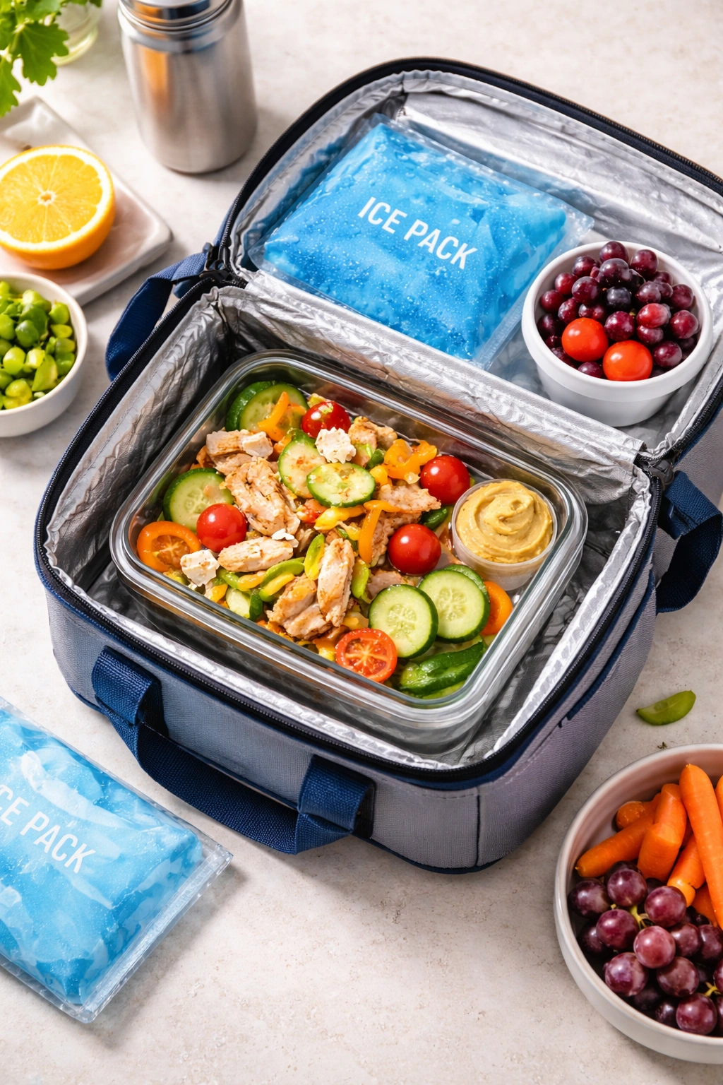 Insulated lunch bag with ice pack and glass container for safe cold lunch storage