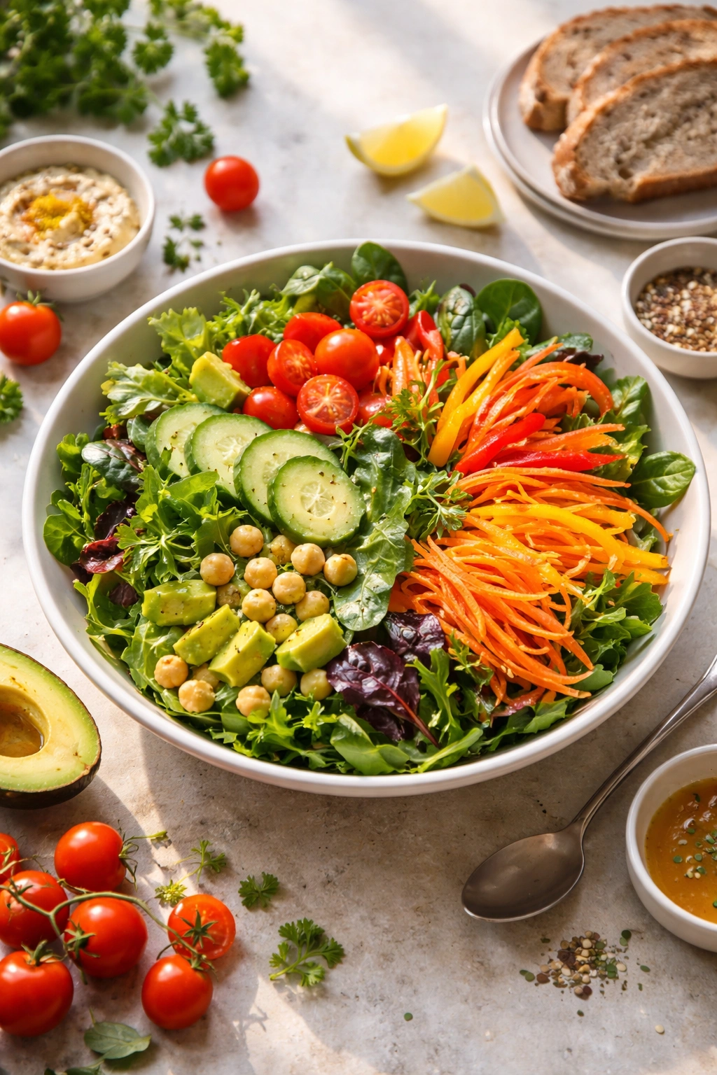 Colorful lunch salad bowl loaded with greens and vegetables