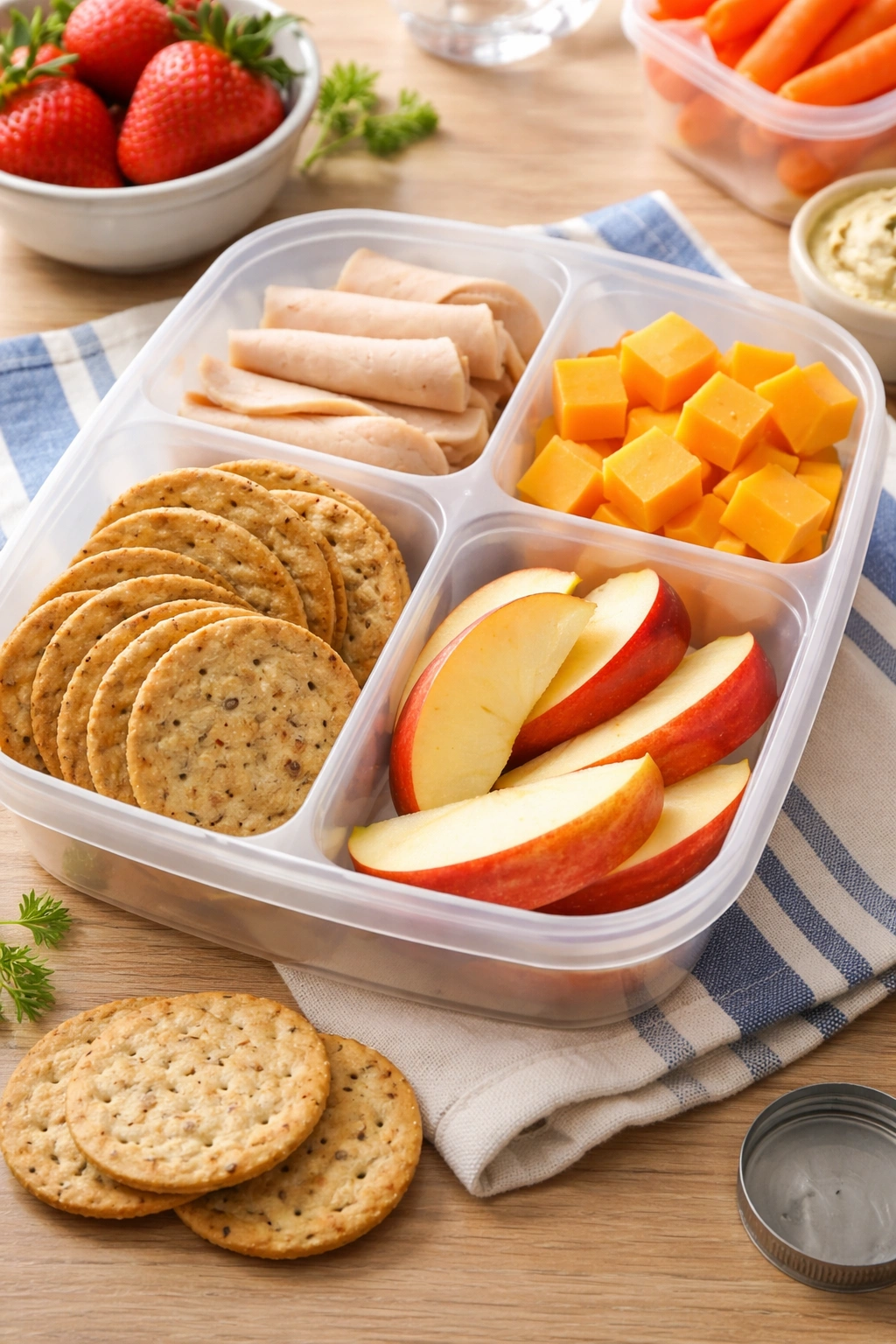 Lunchbox-style arrangement of turkey, cheese, crackers, and apple slices