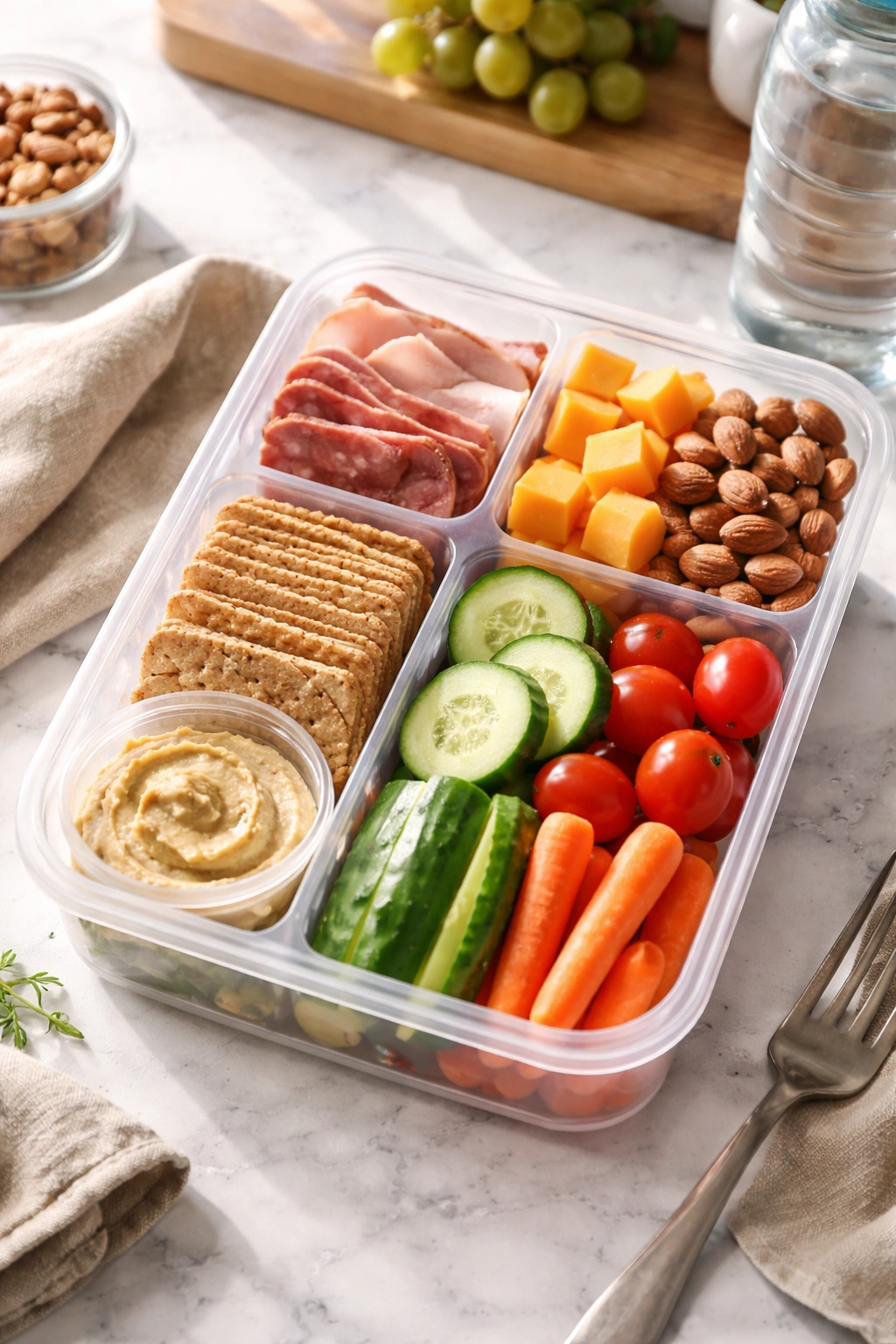 Lunchables-inspired lunchbox with protein, cheese, crackers and vegetables packed for work