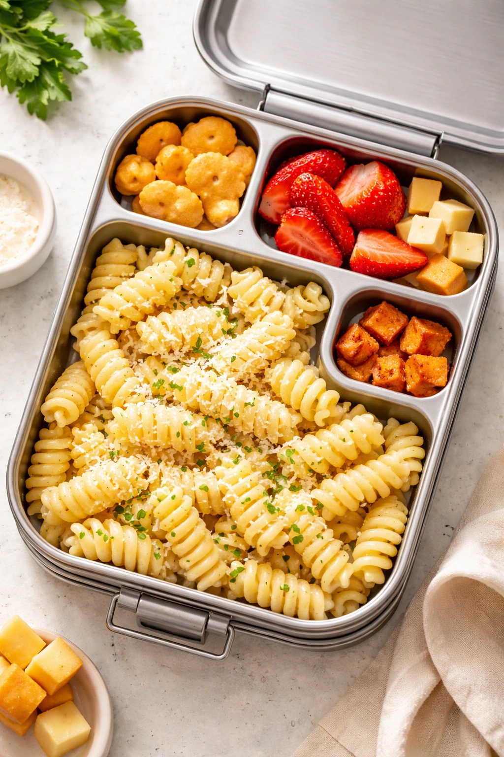 Lunchbox showing familiar pasta with a small new sweet potato piece in a separate compartment