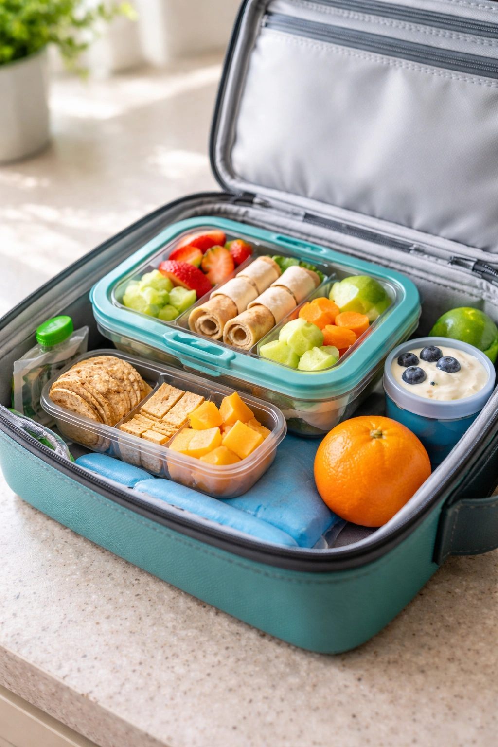 Lunchbox with sealed containers and ice pack organized to prevent waste and crushing