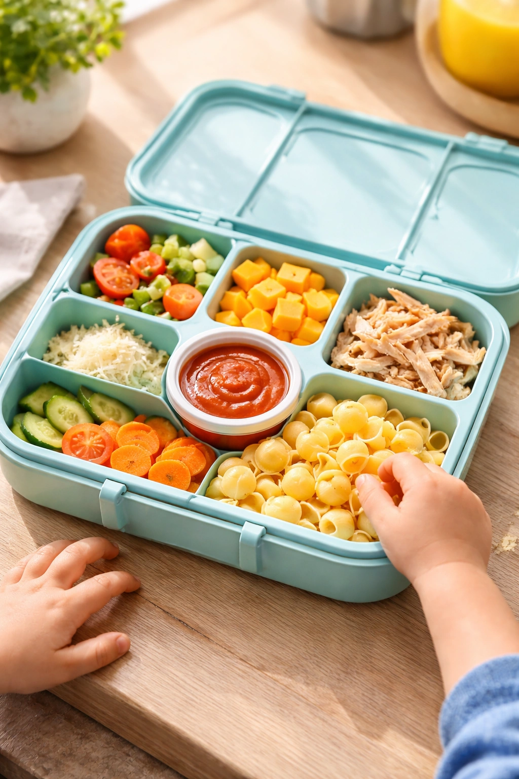 Top-down view of a build-your-own lunchbox with separate compartments for pasta, chicken, cheese, sauce, vegetables, and parmesan