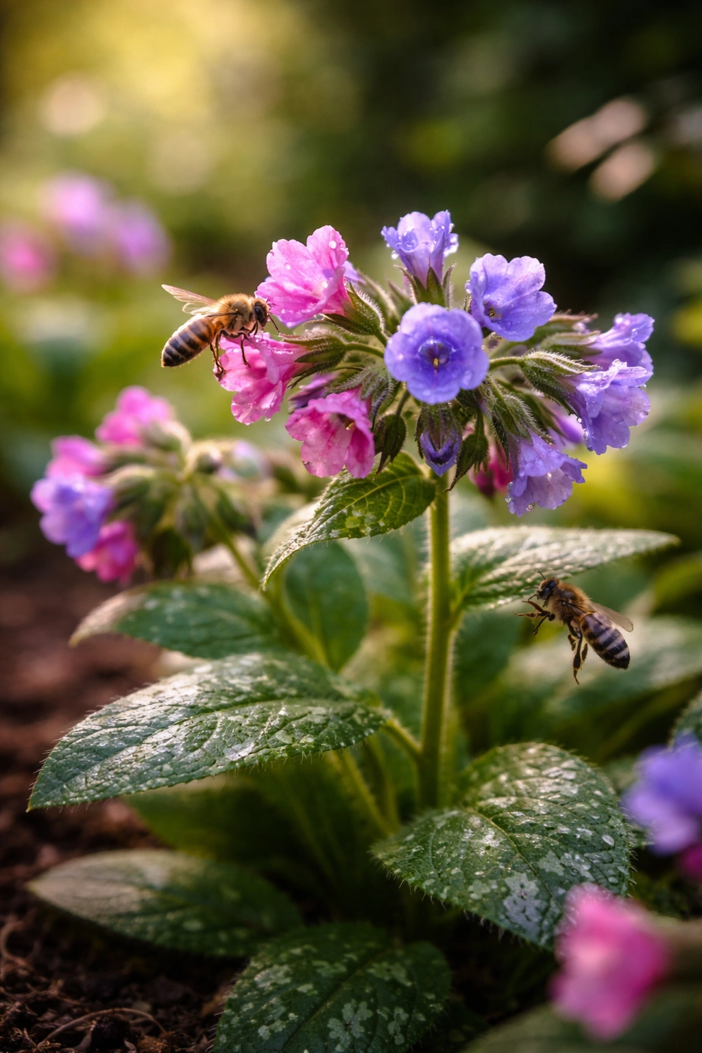 Lungwort plant in partial shade attracting bees