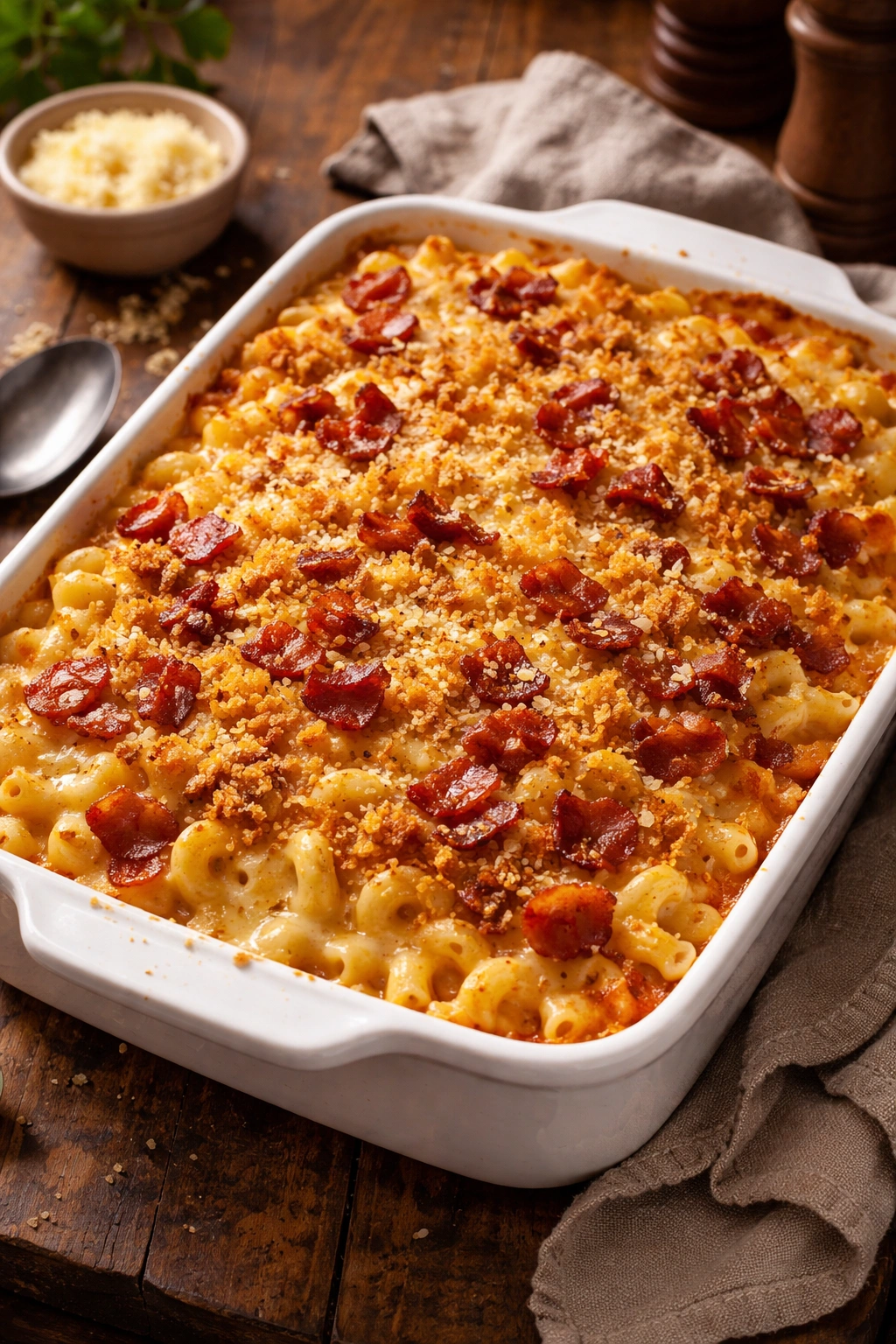 Bubbling baked macaroni and cheese with bacon in a white casserole dish, golden crust