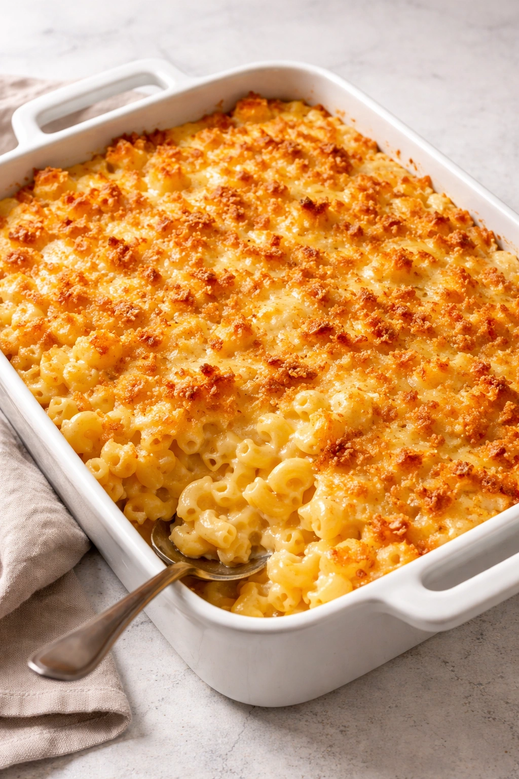 Baked macaroni and cheese with golden crust in a white baking dish