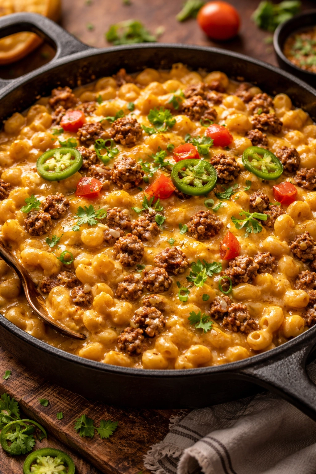 Creamy taco macaroni and cheese with seasoned beef