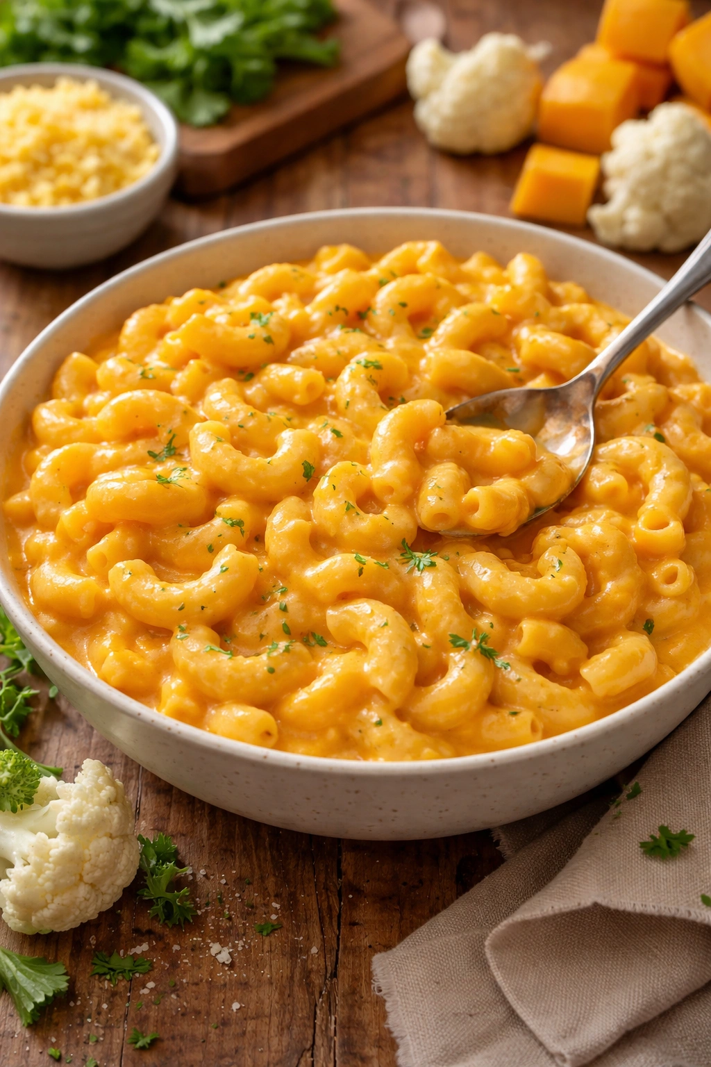 Creamy butternut squash mac and cheese in a simple dish