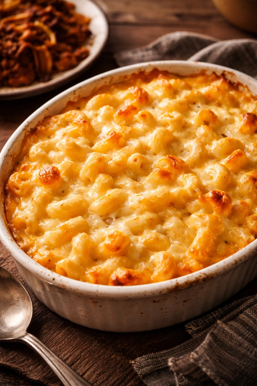 Creamy macaroni and cheese in a dish with gooey cheese