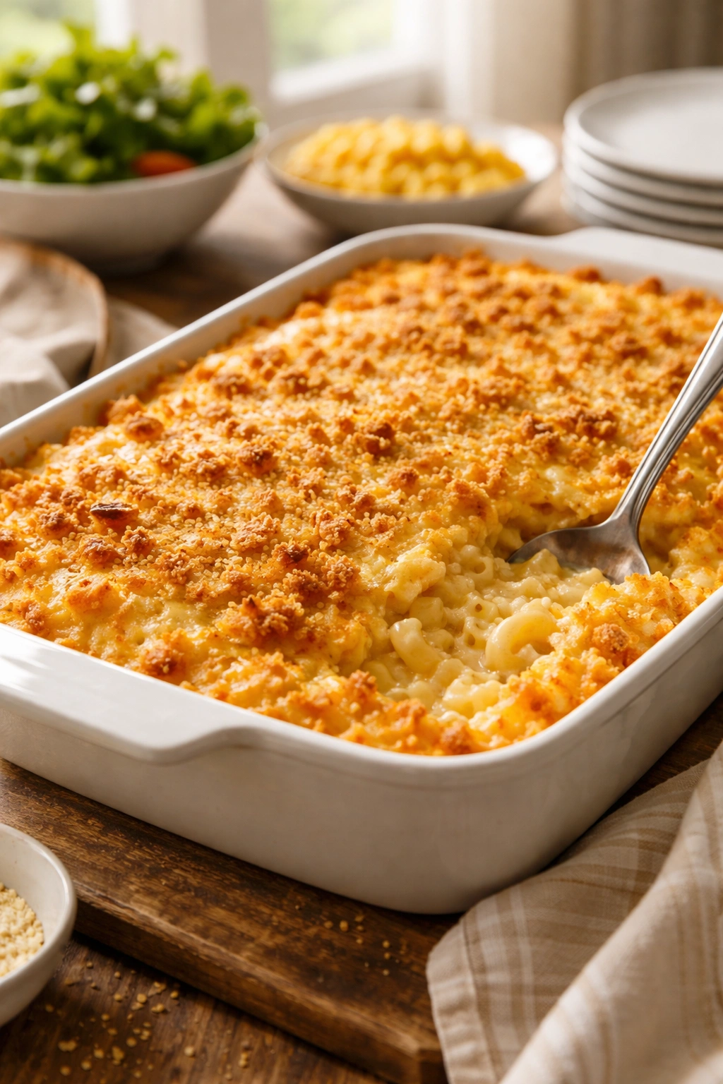 Creamy baked mac and cheese in a large pan with golden crust