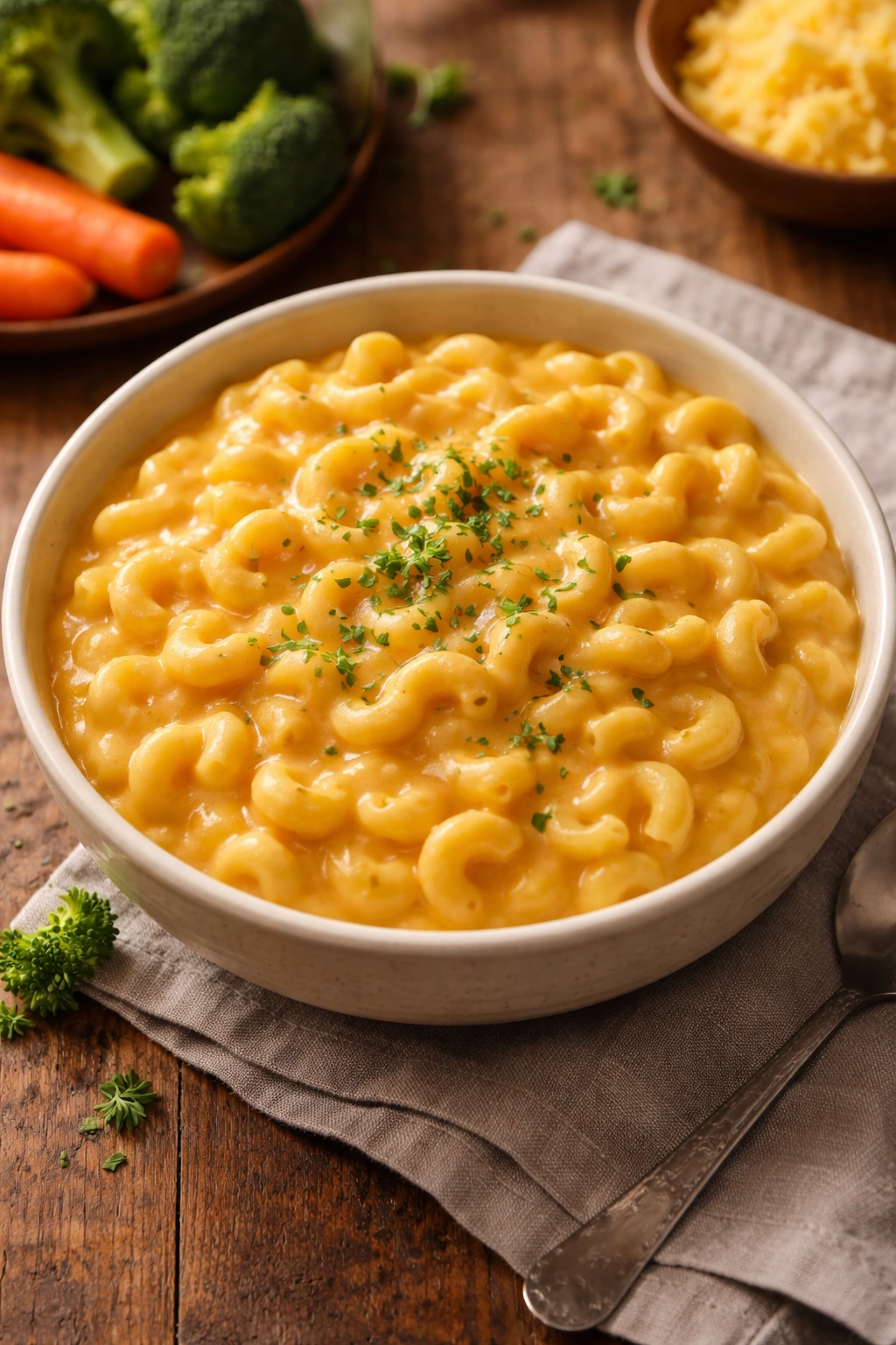 Creamy macaroni and cheese with hidden vegetable puree in a bowl