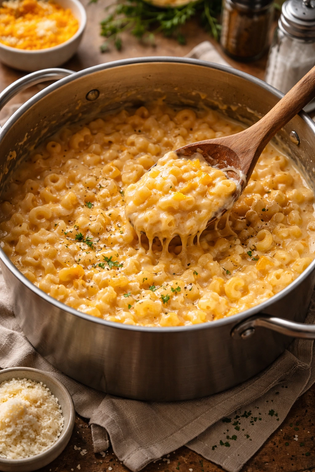 Creamy mac and cheese cooking in a pot with cheddar