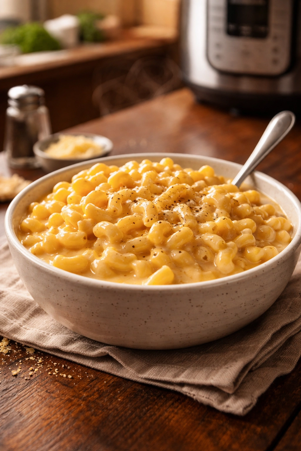 Alt text: Steaming bowl of mac and cheese in a cozy kitchen, warm lighting evokes comfort.