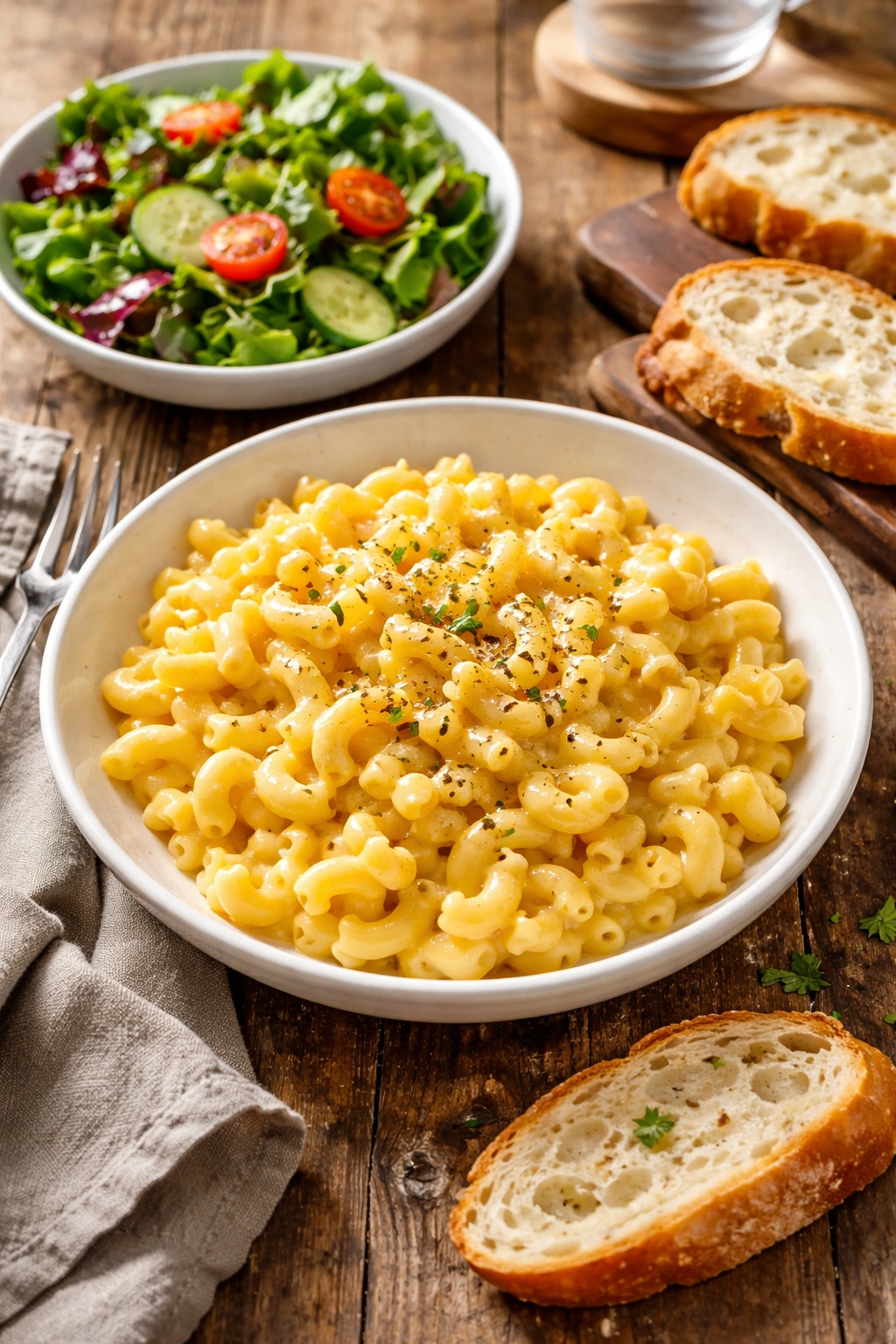 Alt text: Creamy mac and cheese with a small salad and crusty bread, illustrating serving suggestions and pairings.