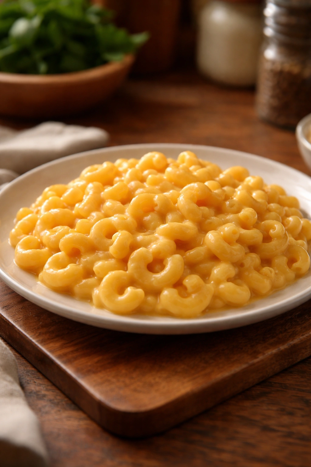 Creamy macaroni and cheese plated simply with smooth cheese sauce