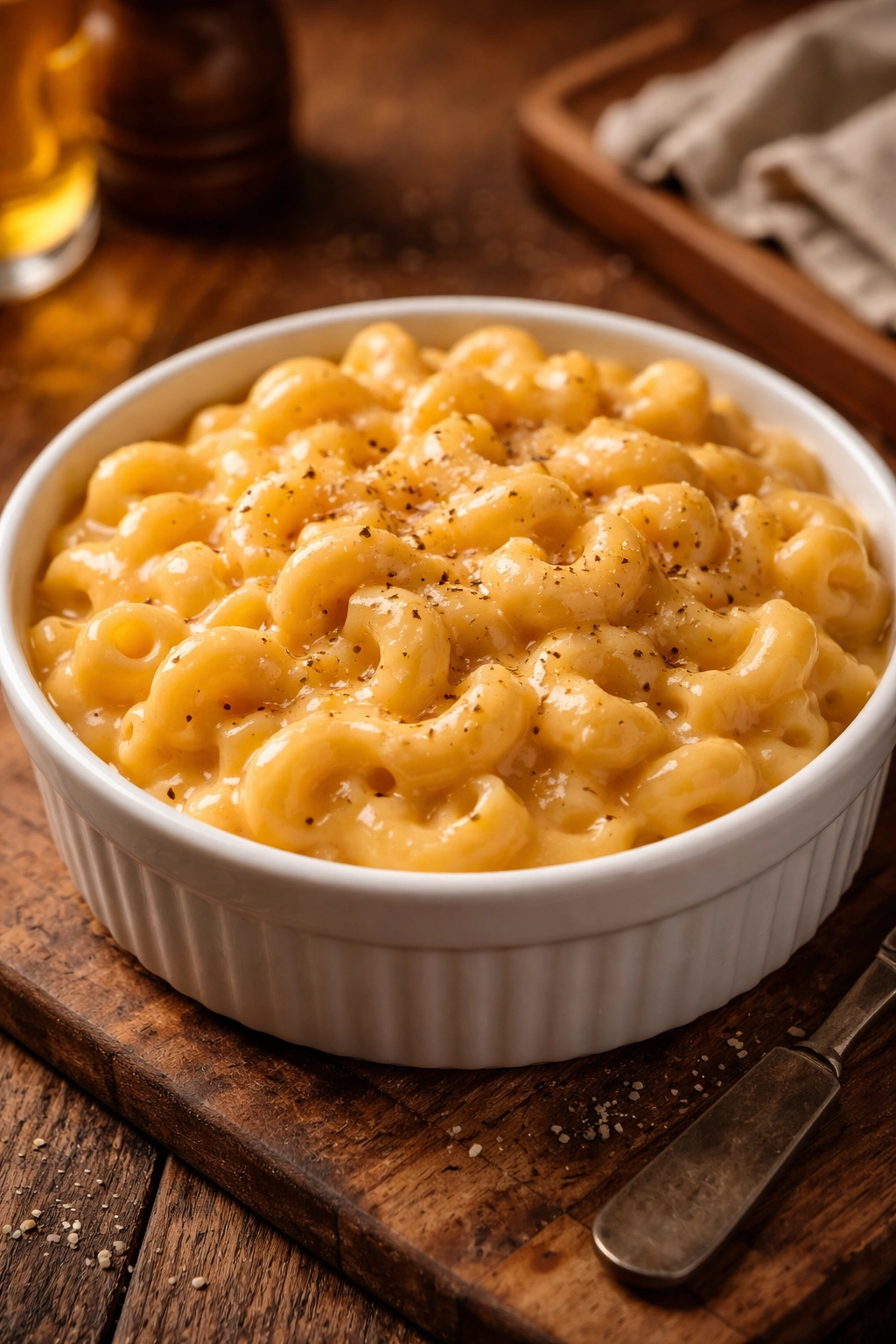 Close-up of creamy macaroni and cheese in a ramekin with rich cheese sauce