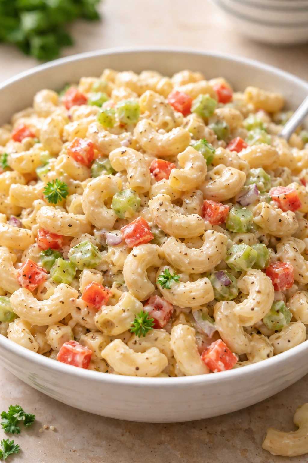 Creamy macaroni salad close-up with celery and peppers