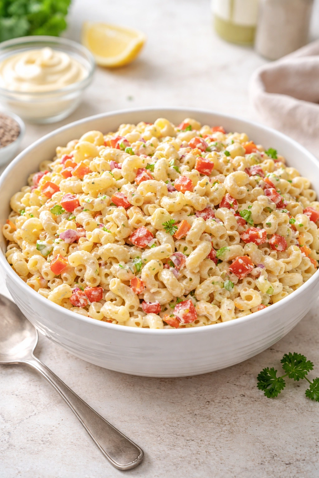 Macaroni salad with glossy emulsified dressing