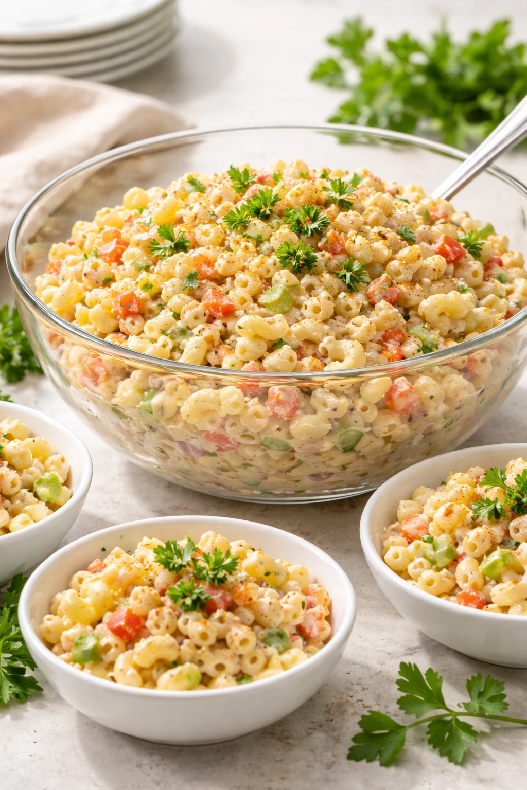 Macaroni salad in a clear glass bowl with parsley garnish and paprika, ready for plating at a potluck.