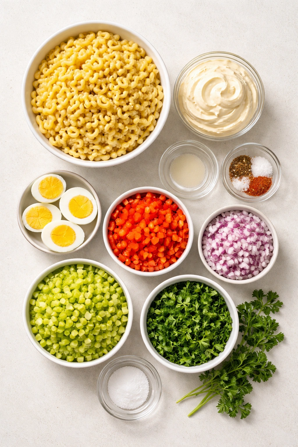 Top-down layout of macaroni salad ingredients