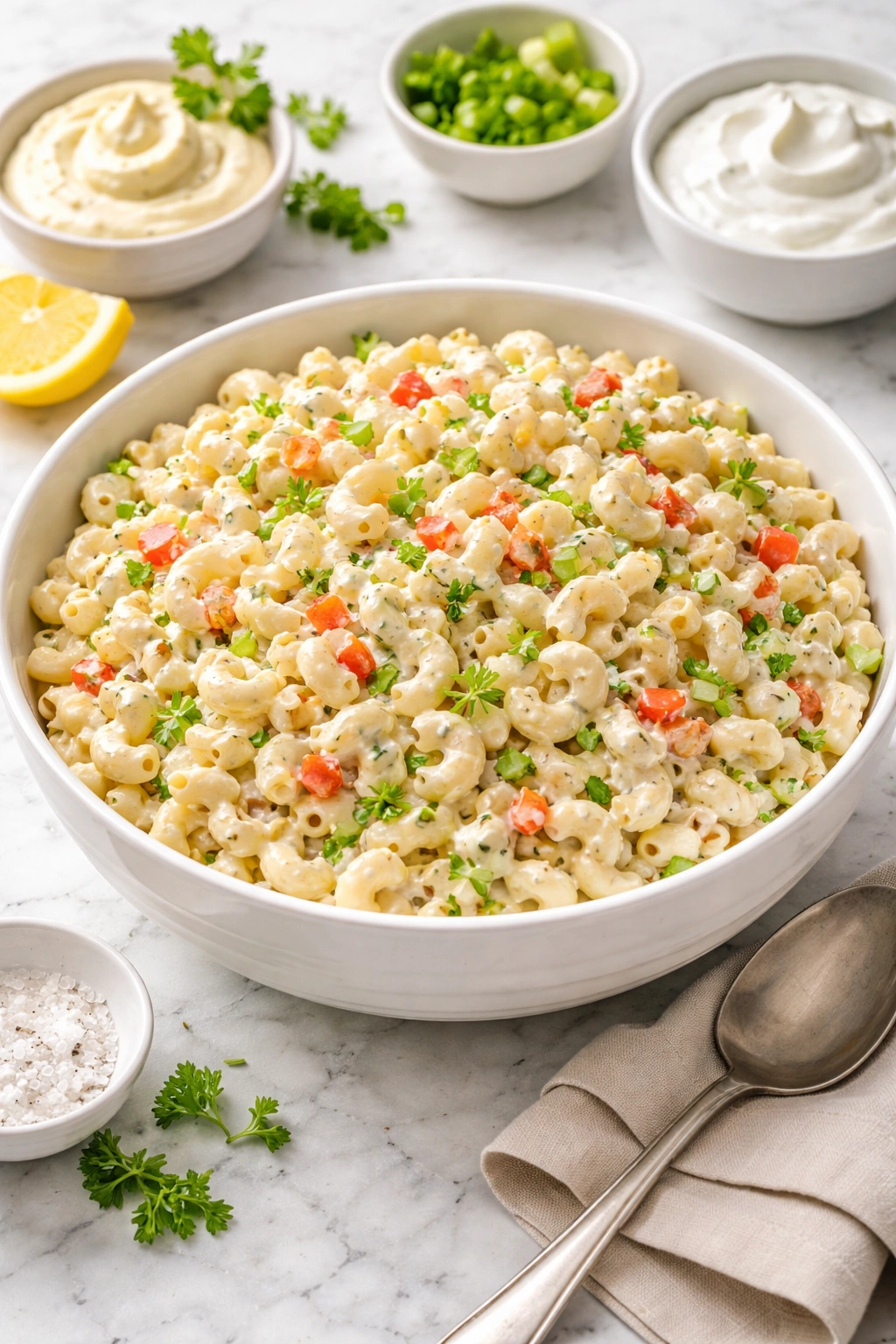 Macaroni salad with lighter dressing in a bowl