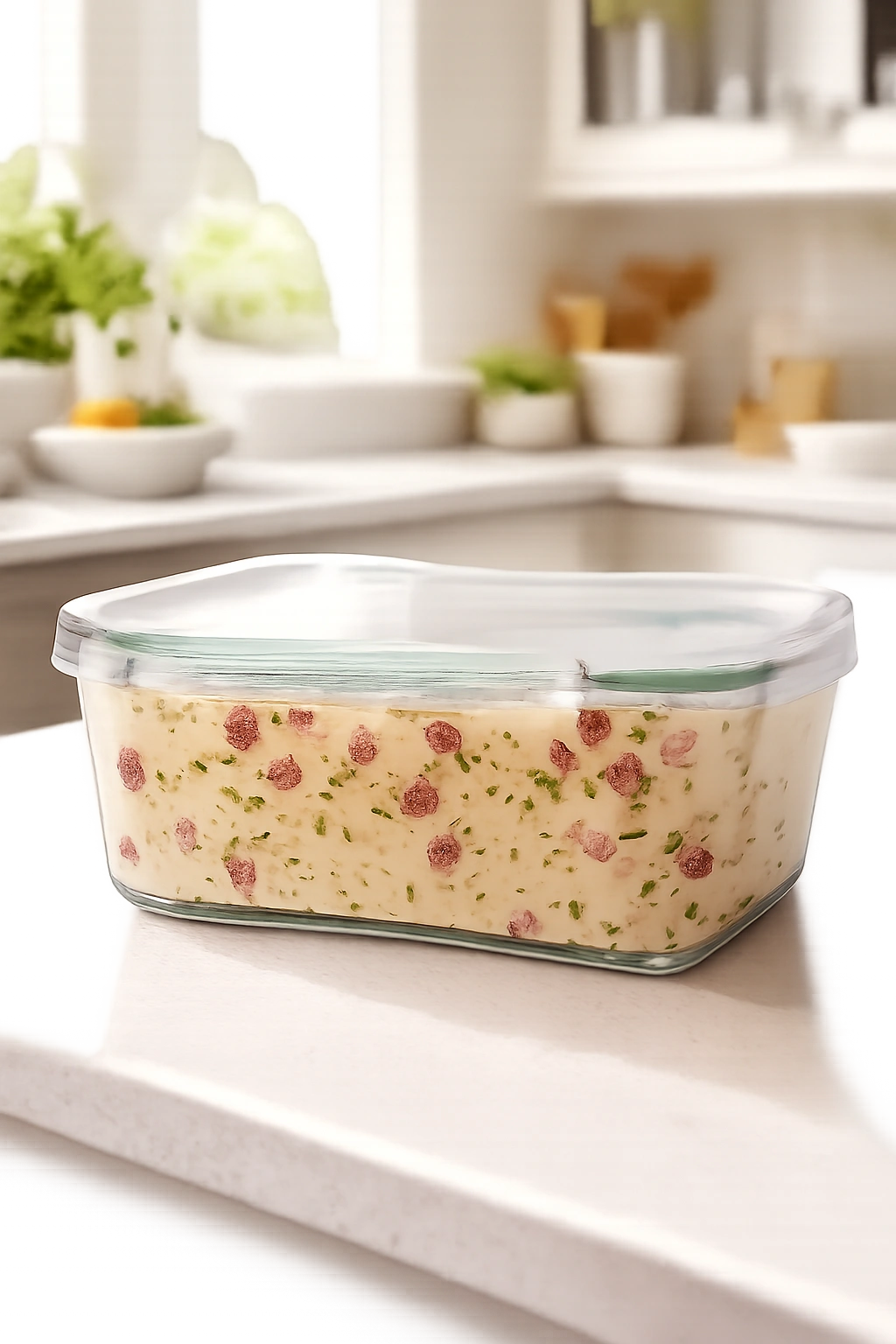 Glass storage container with macaroni salad on kitchen counter