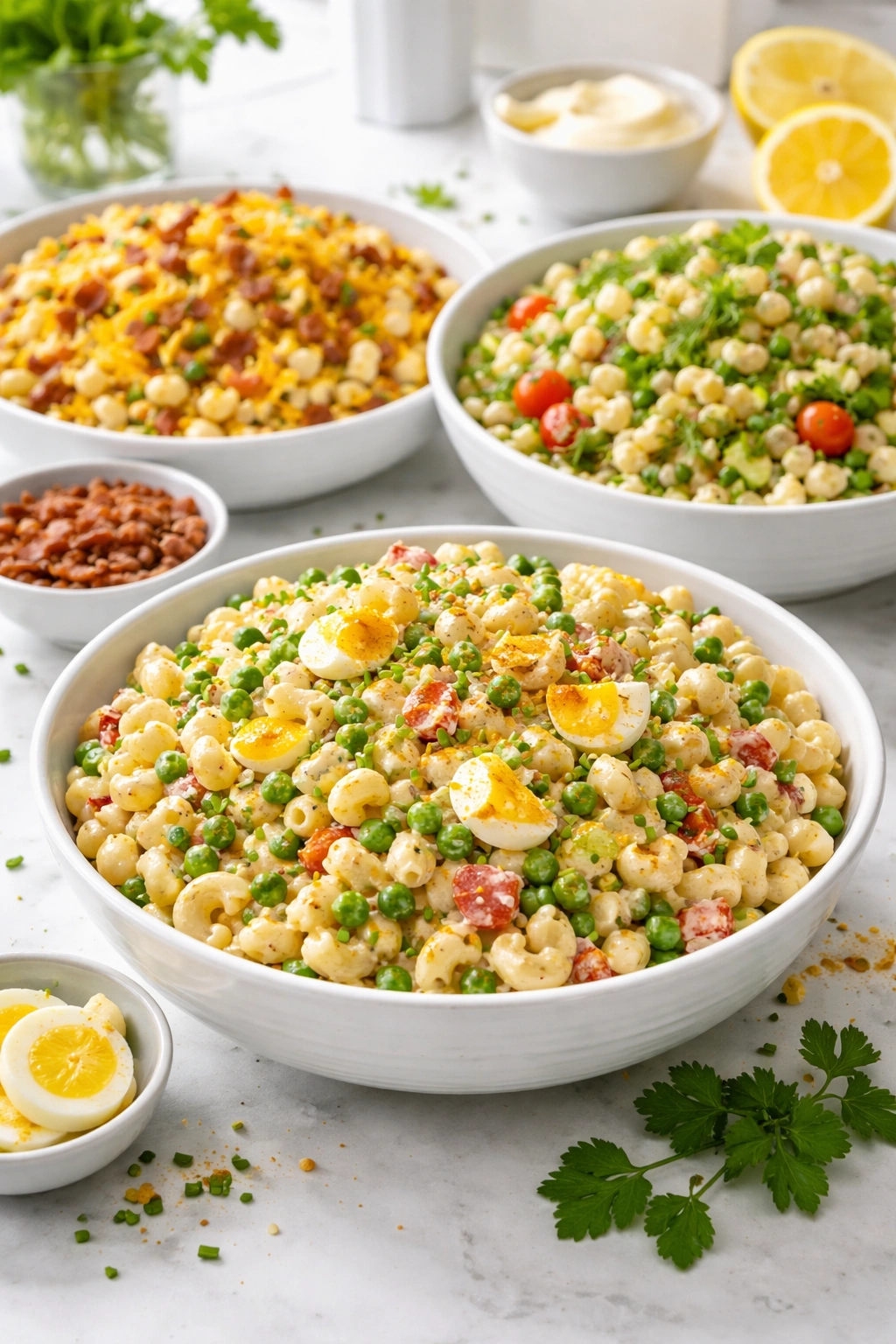 Macaroni salad with peas and eggs visible in the bowl