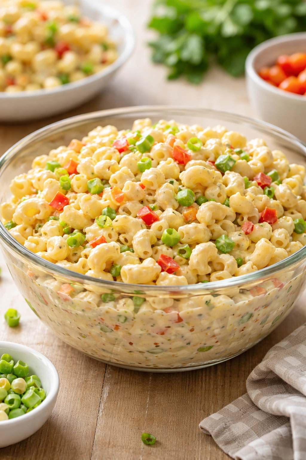 Creamy macaroni salad in glass bowl with colorful mix-ins