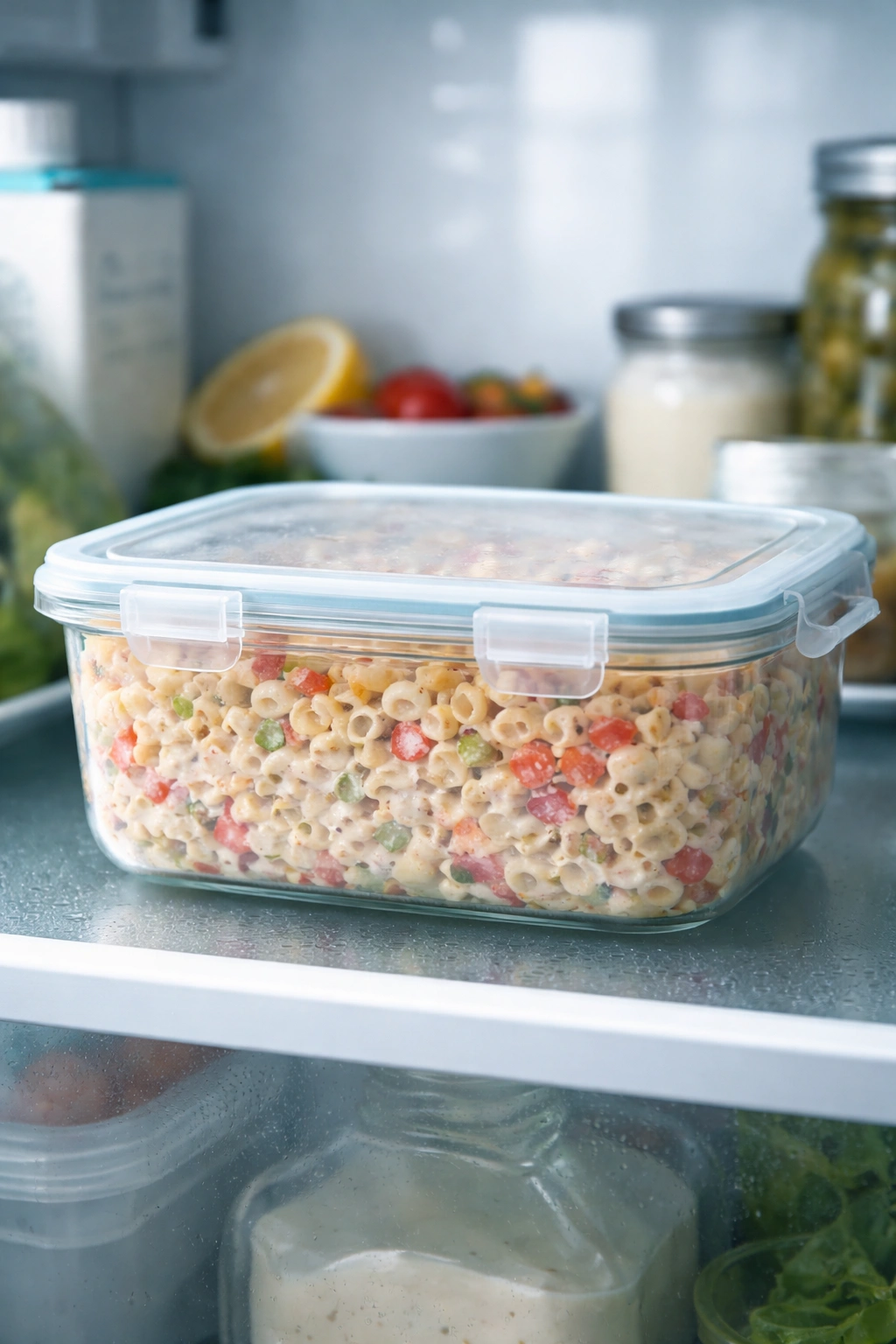 Sealed container of macaroni salad with refrigerated backdrop