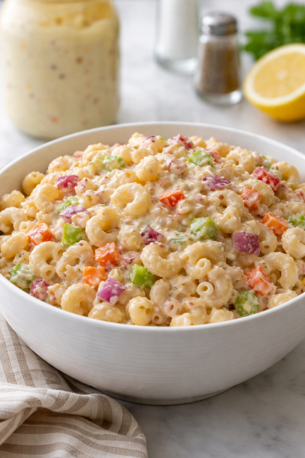 Close-up of macaroni salad showing pale dressing and mayo separation