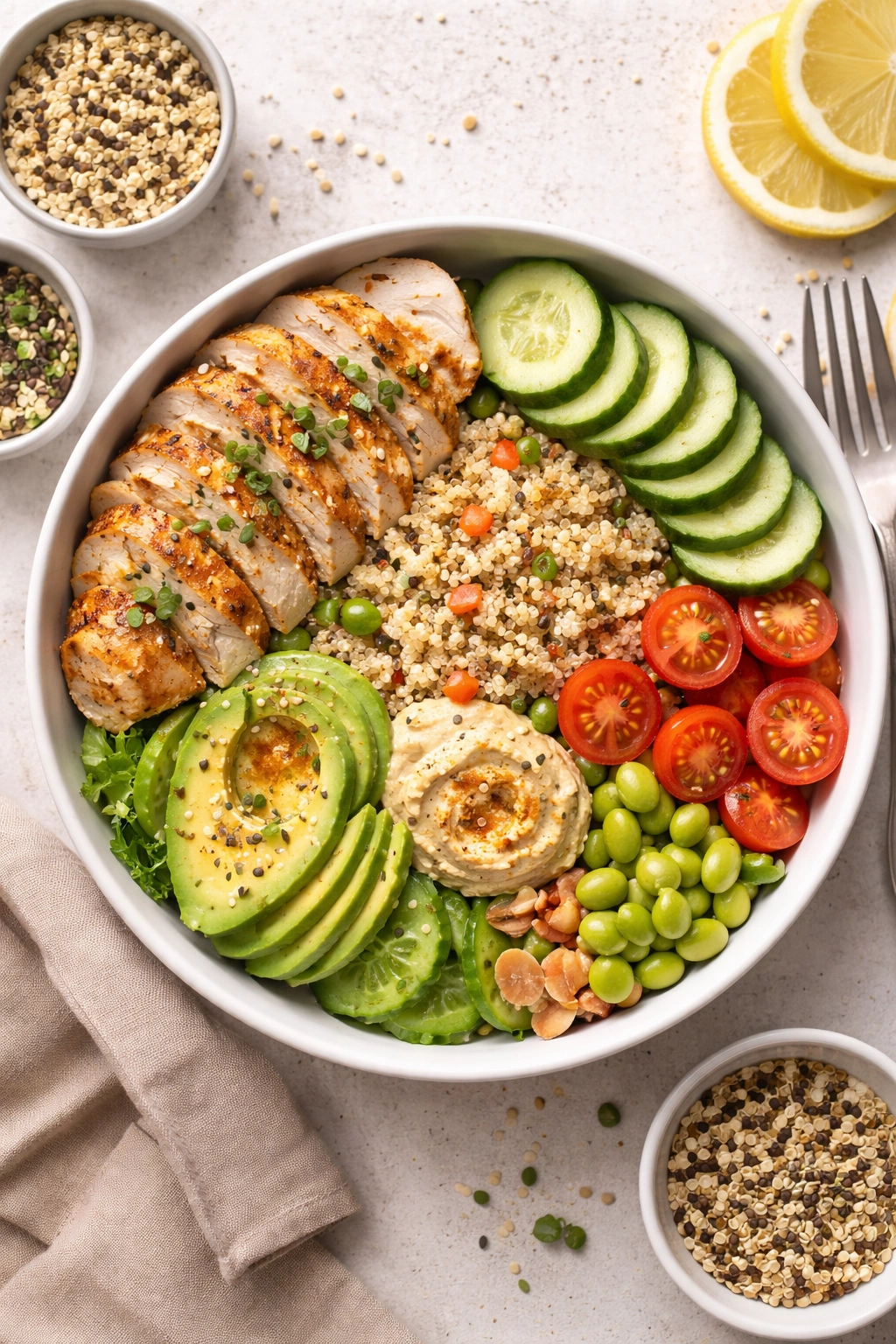 Meal prep bowl showing balanced macros with protein, carbs, and fats.