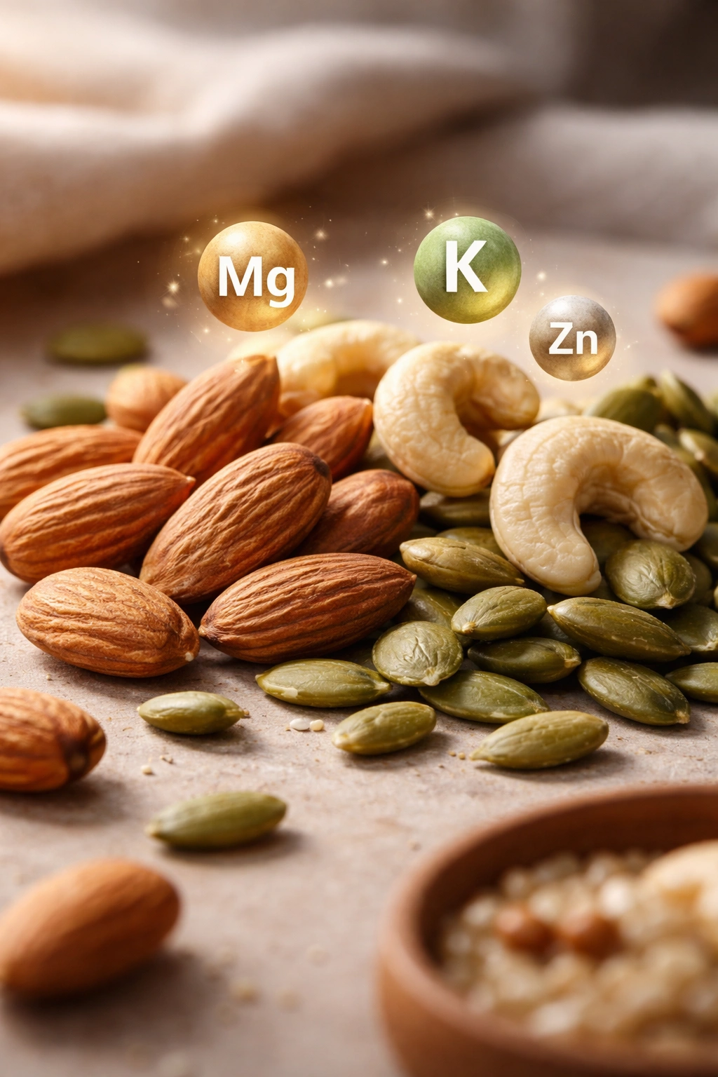 Close-up of almonds, cashews, and pumpkin seeds highlighting minerals for sleep.