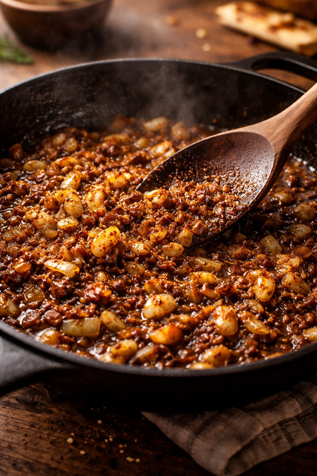 Pan with browned onions and spices illustrating technique choices