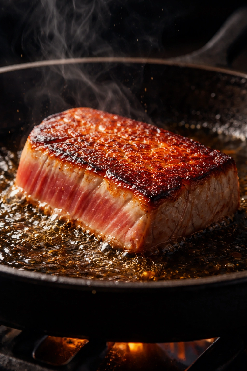 Macro shot of tuna crust forming via Maillard reaction