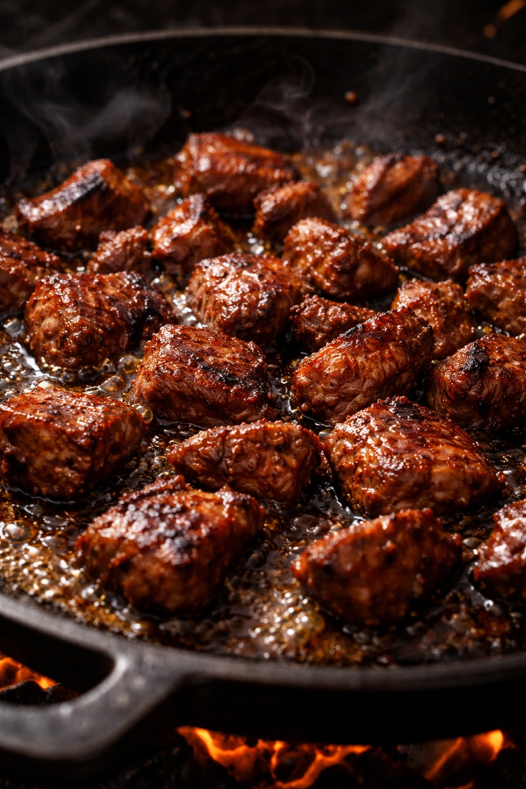 Close-up of beef browning with Maillard crust on a hot cast iron