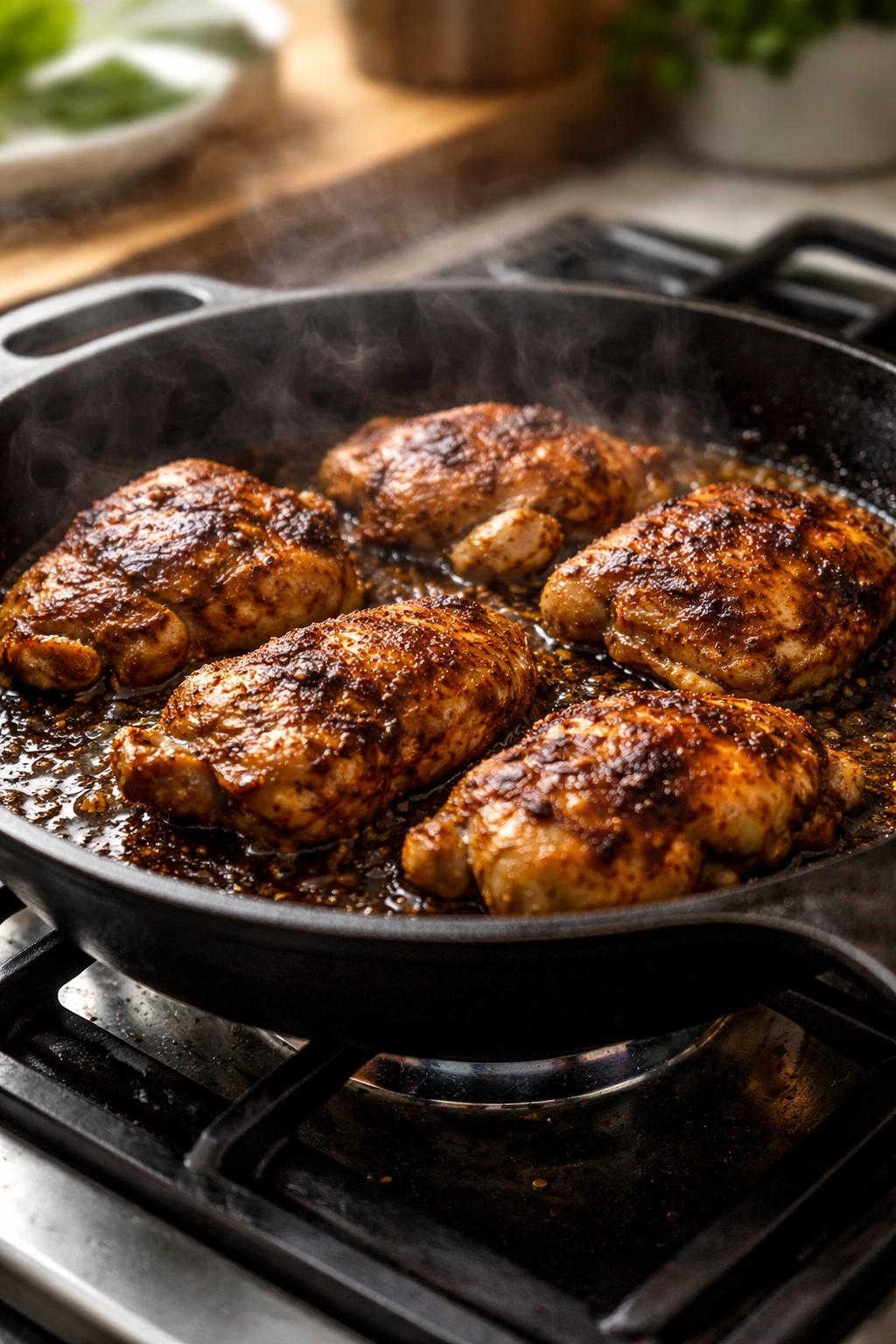 Hot skillet searing chicken with a deep brown crust.