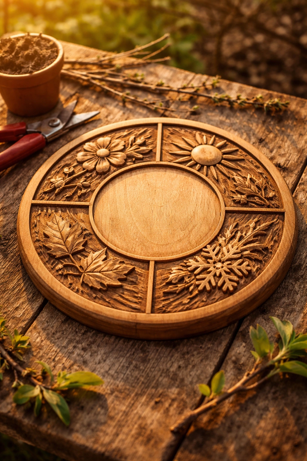 Close-up of a circular wooden maintenance diagram representing long-term garden planning