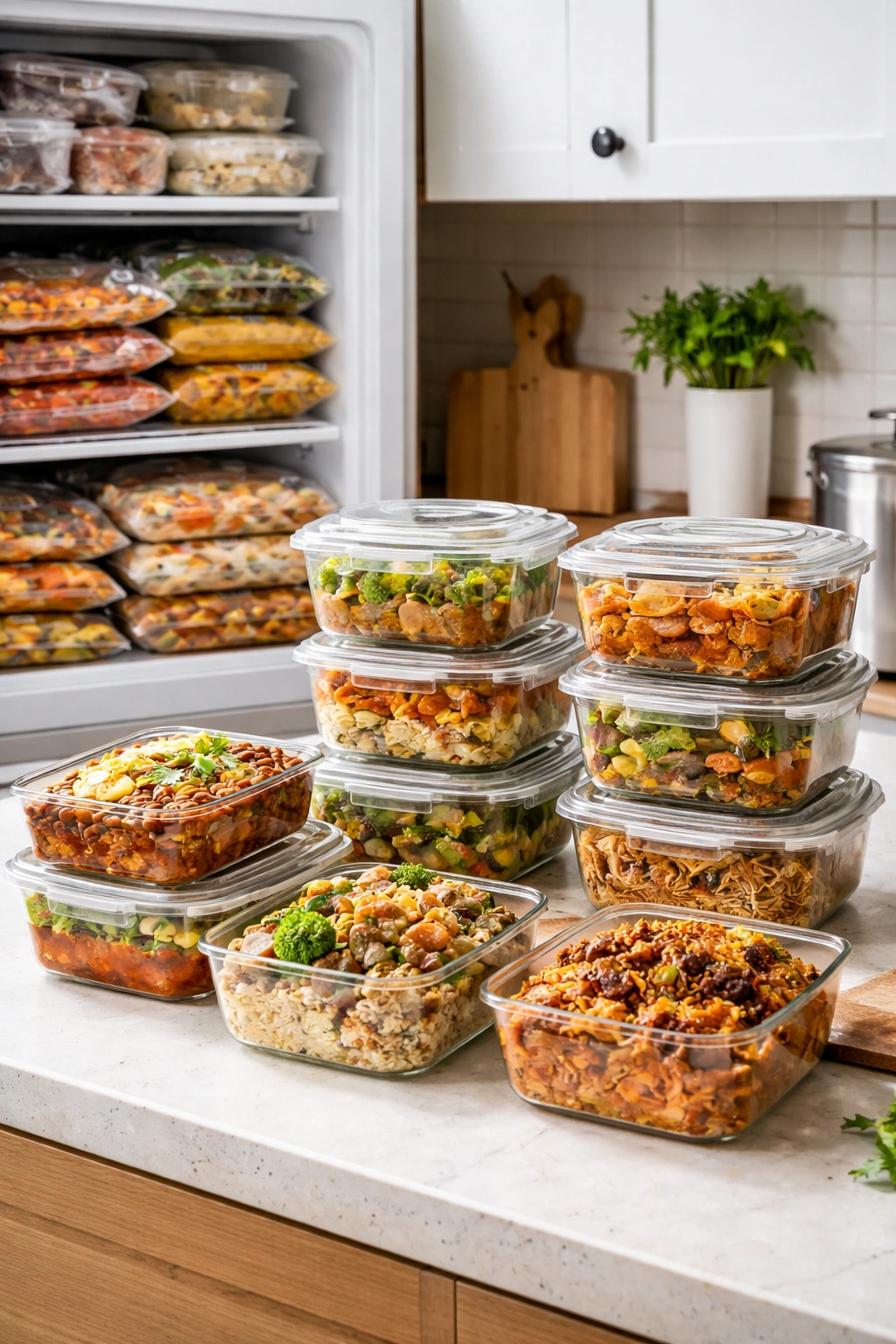 Glass containers with batch-cooked meals ready for freezing