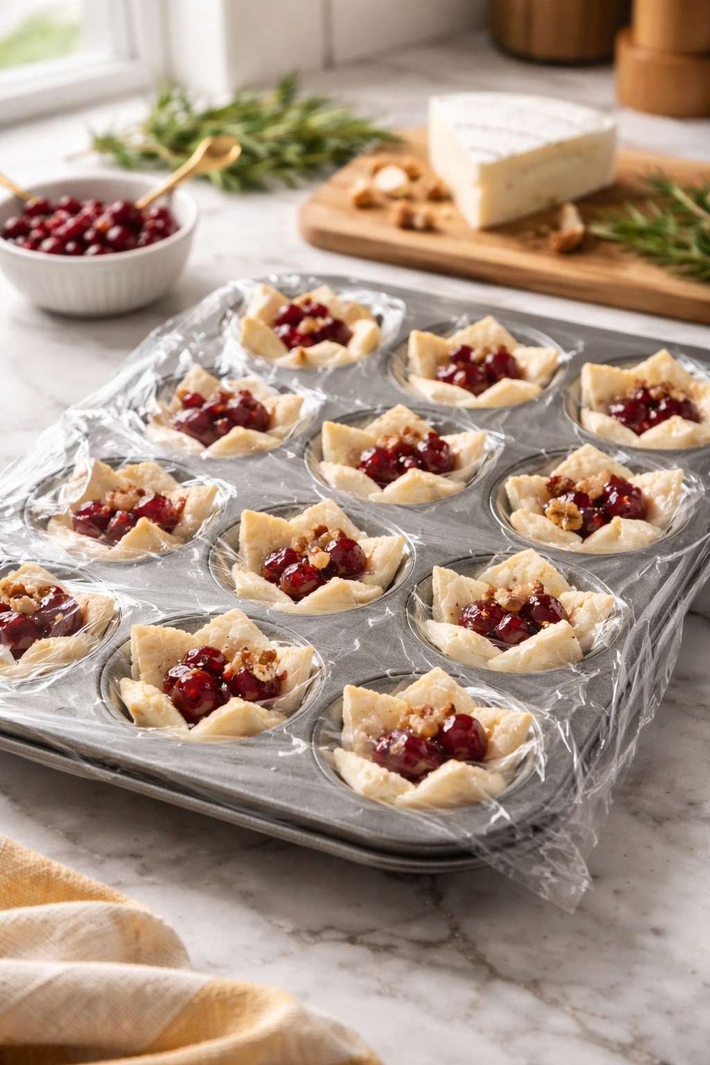 Unbaked Brie and Cranberry Bites in muffin tin for make-ahead prep
