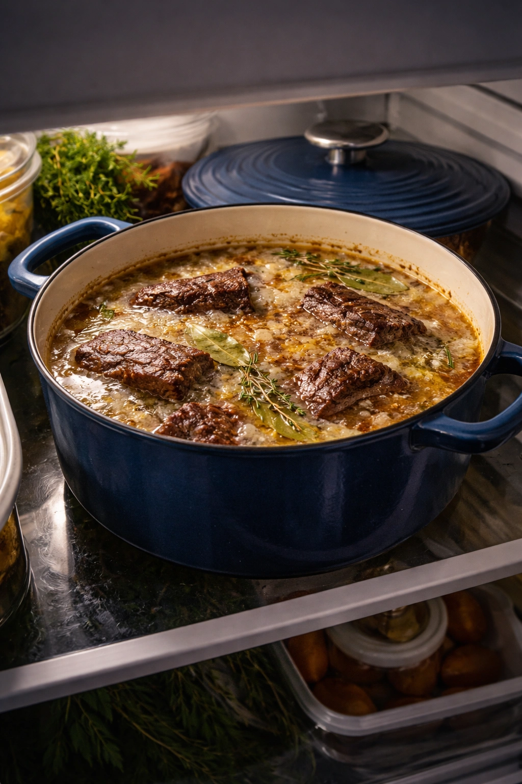 Covered braised short ribs cooling in braising liquid in the fridge