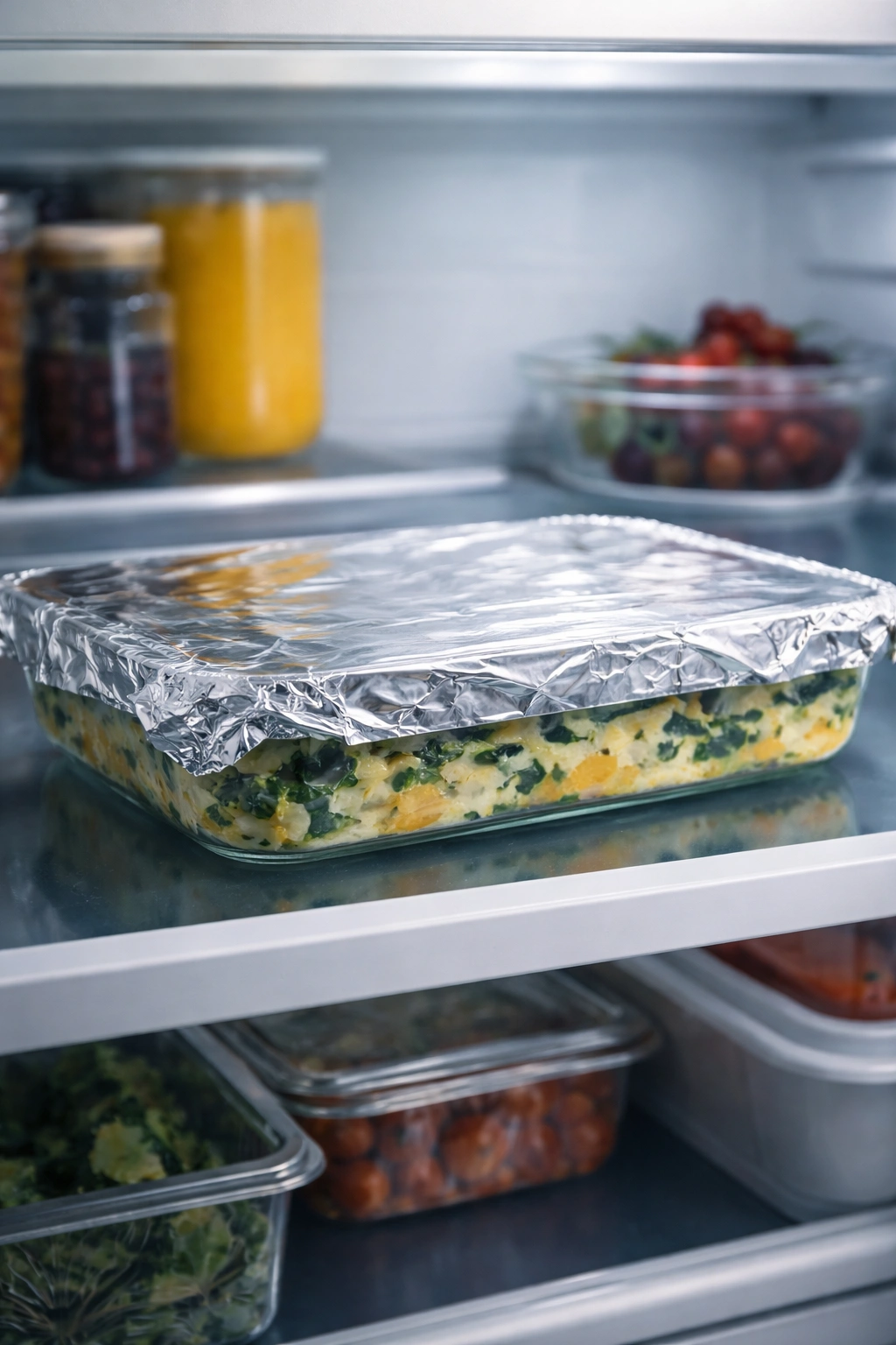 Casserole dish covered with foil in a refrigerator