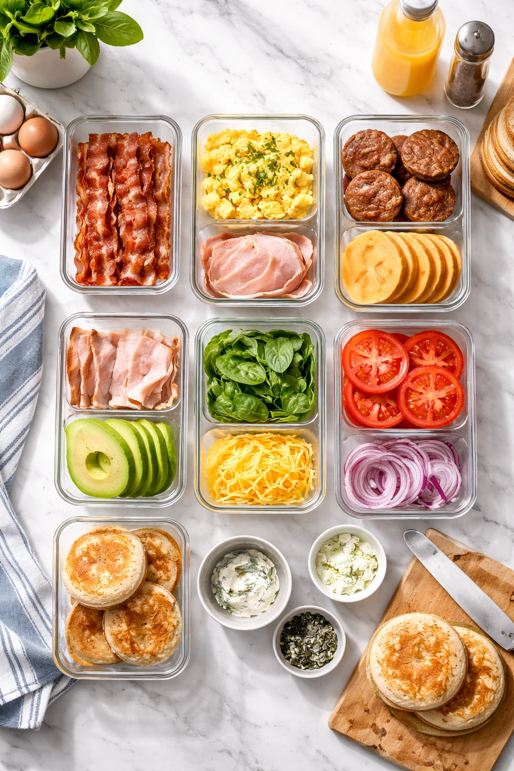 Top-down view of organized meal-prep containers in a modern kitchen
