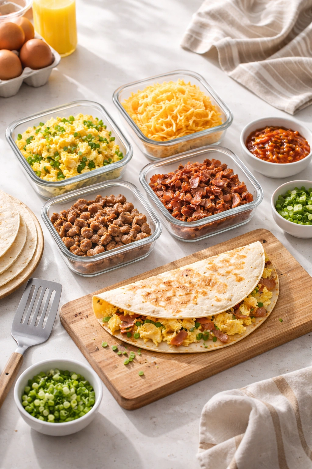 Prepped ingredients and ready-to-reheat quesadilla for busy mornings