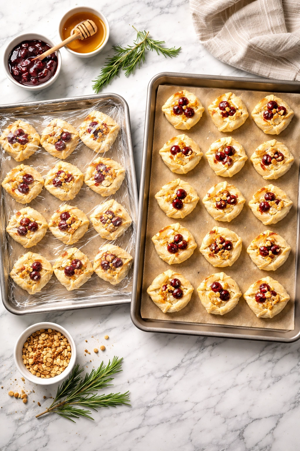 Two trays of brie bites, wrapped and unwrapped, on a counter