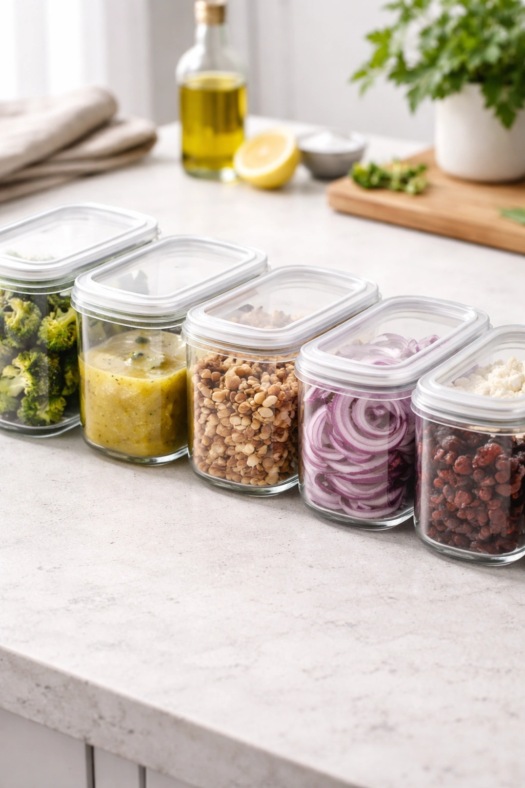 Make-ahead broccoli salad prep: containers with broccoli, nuts, feta, onions, cranberries, and dressing in a bright kitchen.