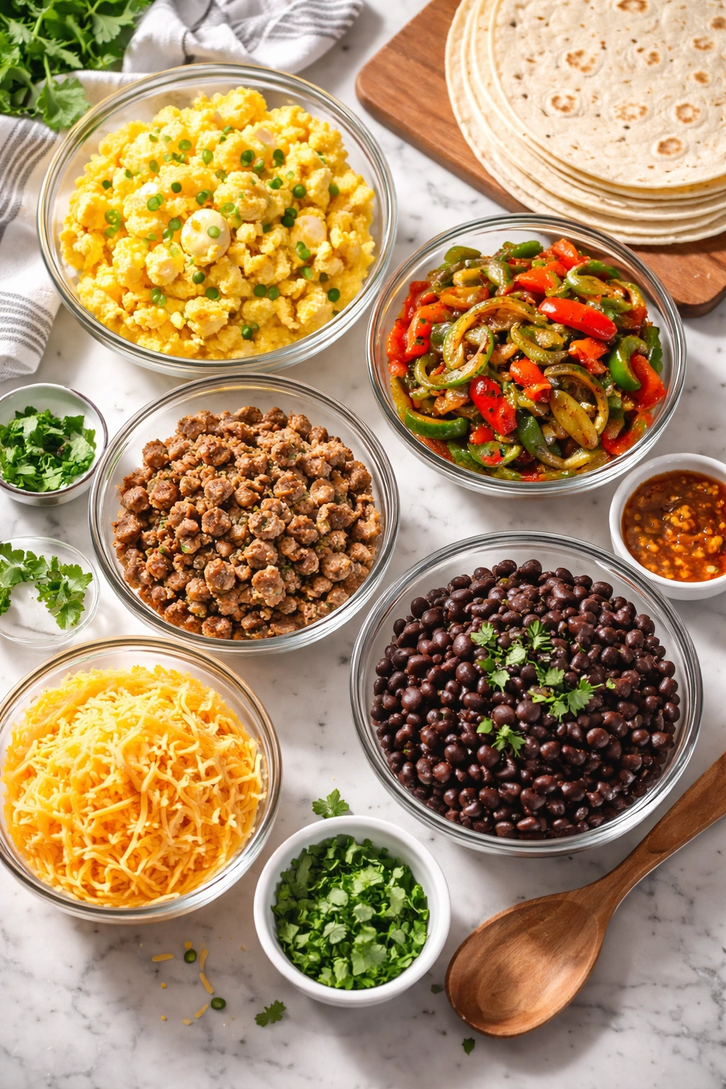Assorted prepped burrito components in bowls on a clean counter