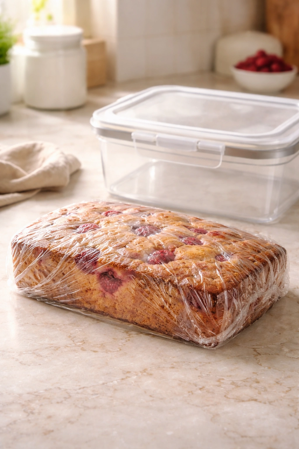 Fully baked raspberry cake wrapped for storage on a kitchen counter